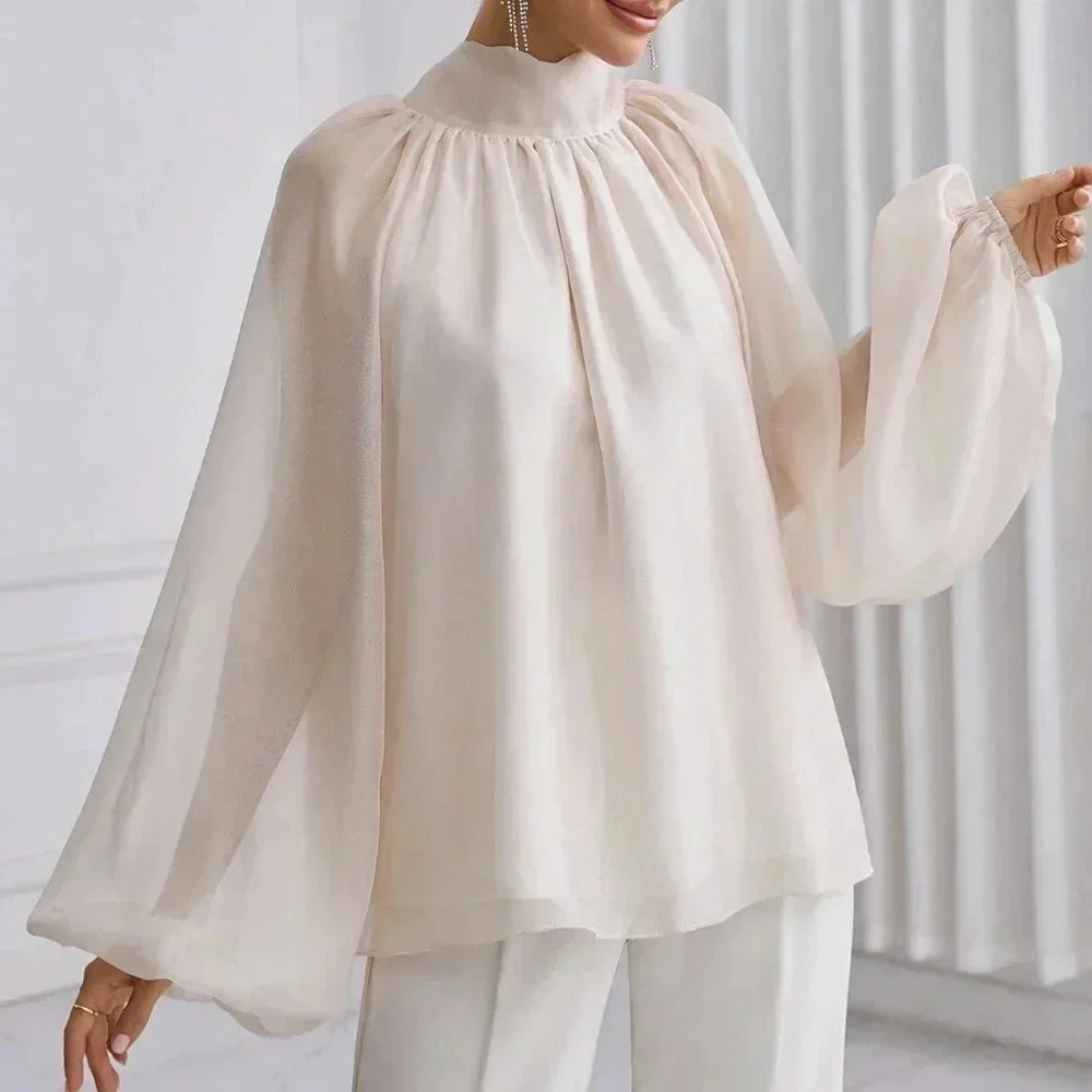 Apricot Casual Women's Solid Color Stand Collar Lantern Sleeve Shirt - Picture 2 of 5